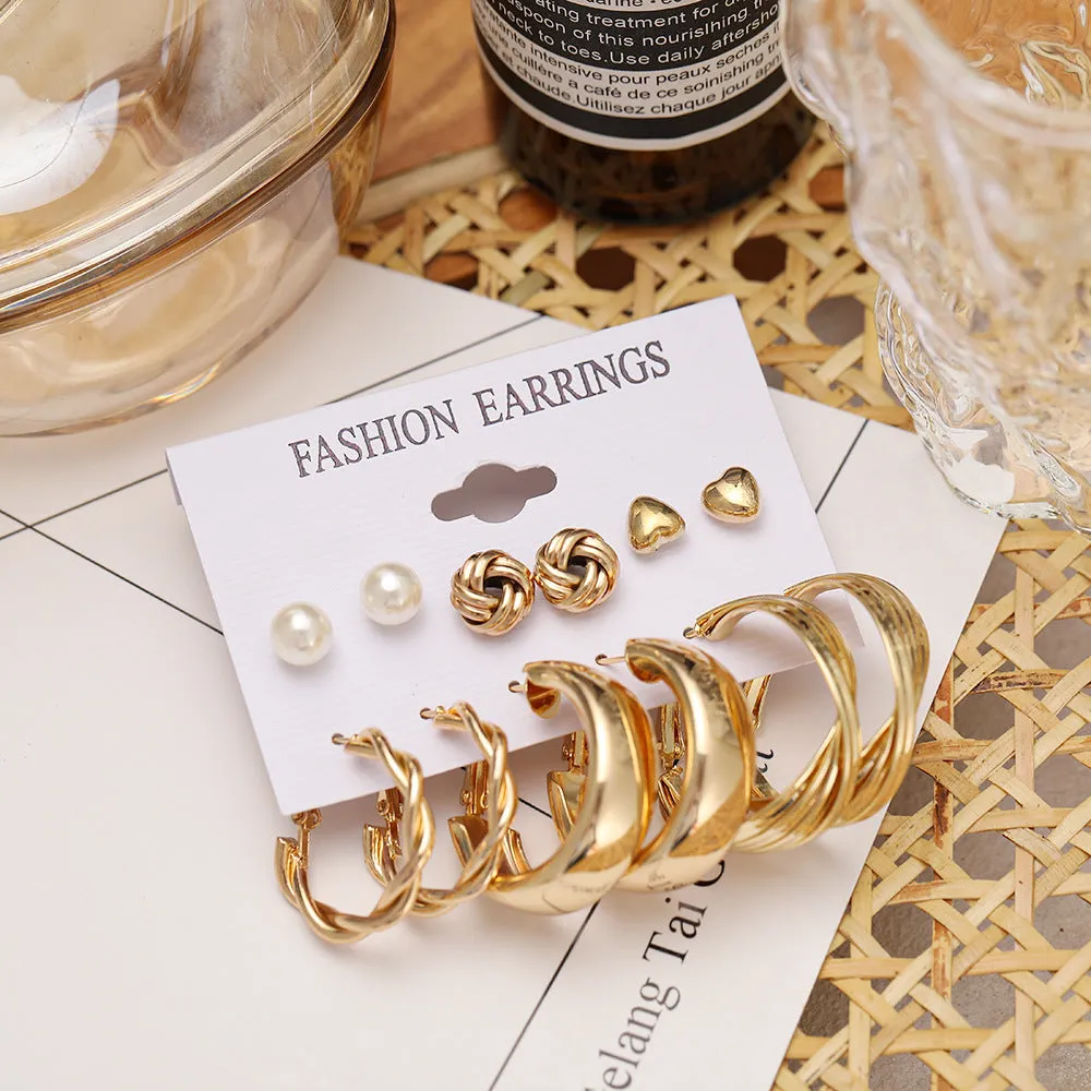 6 Pair Twisted Chain Hoop and Pearl Stud Earrings