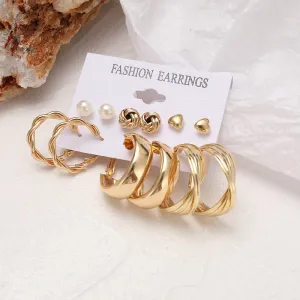 6 Pair Twisted Chain Hoop and Pearl Stud Earrings