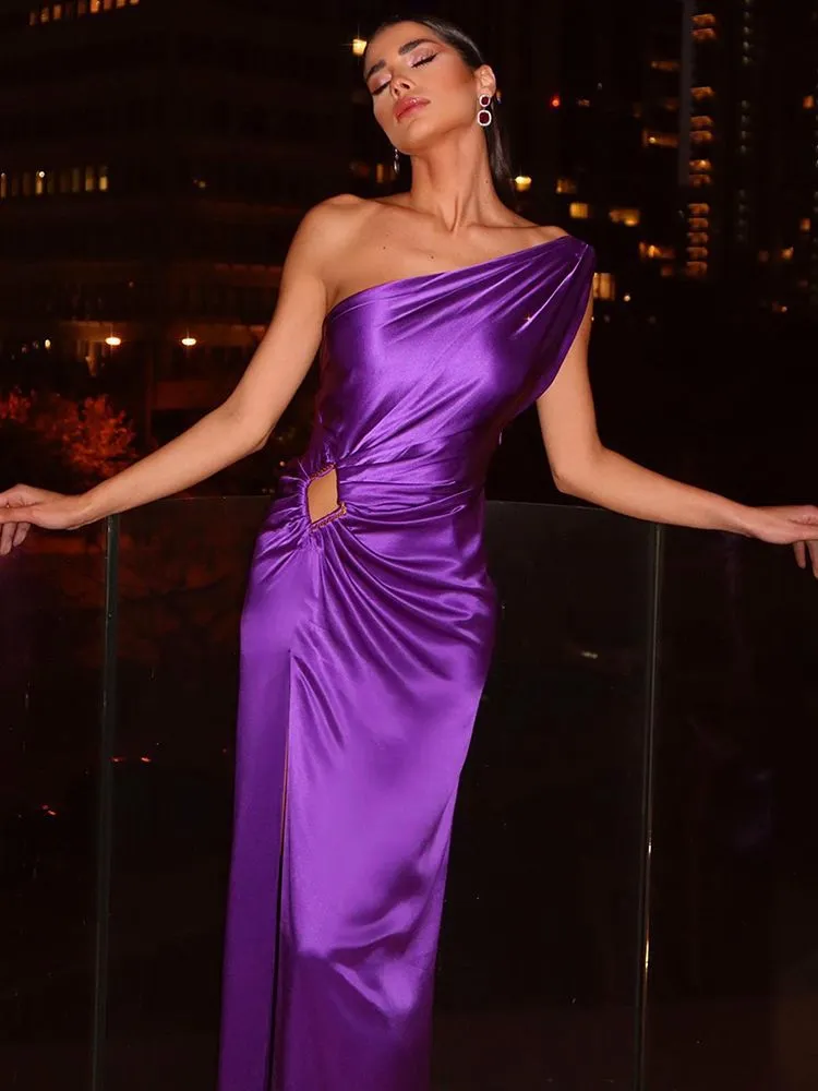 Angelou Purple Satin One Shoulder Dress