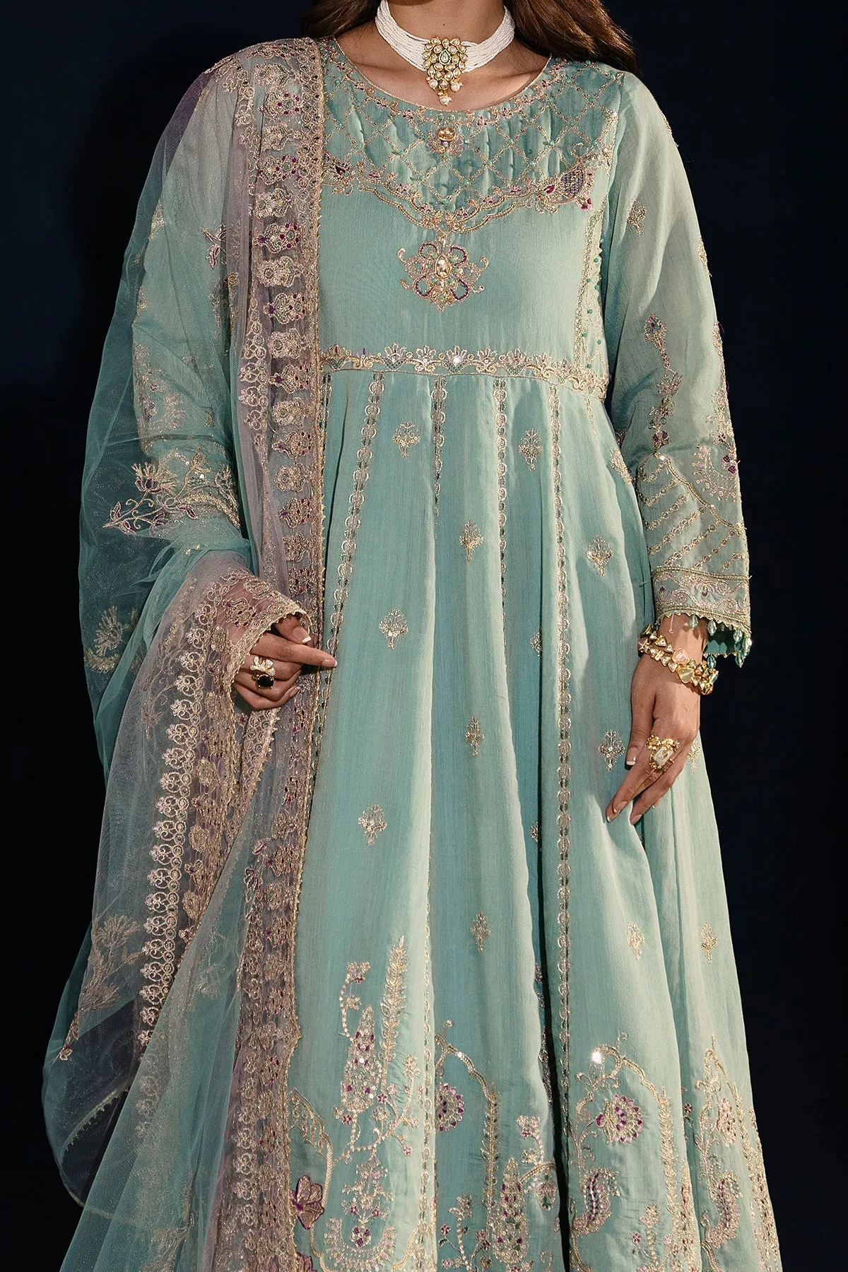 Aqua Blue Heavily Embellished Kalidar Frock Pakistani Party Dress