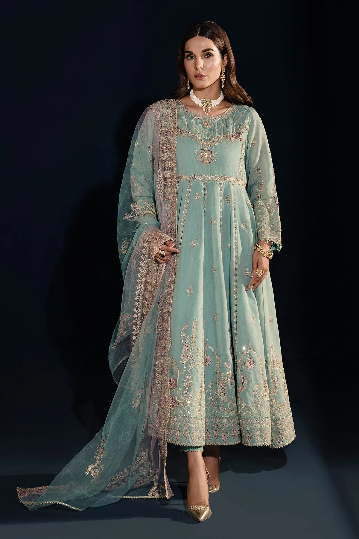 Aqua Blue Heavily Embellished Kalidar Frock Pakistani Party Dress