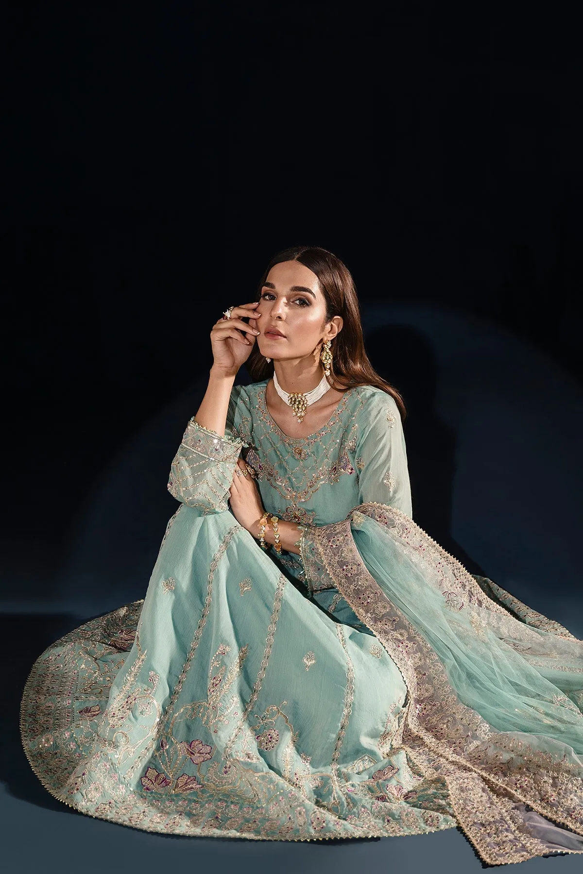 Aqua Blue Heavily Embellished Kalidar Frock Pakistani Party Dress