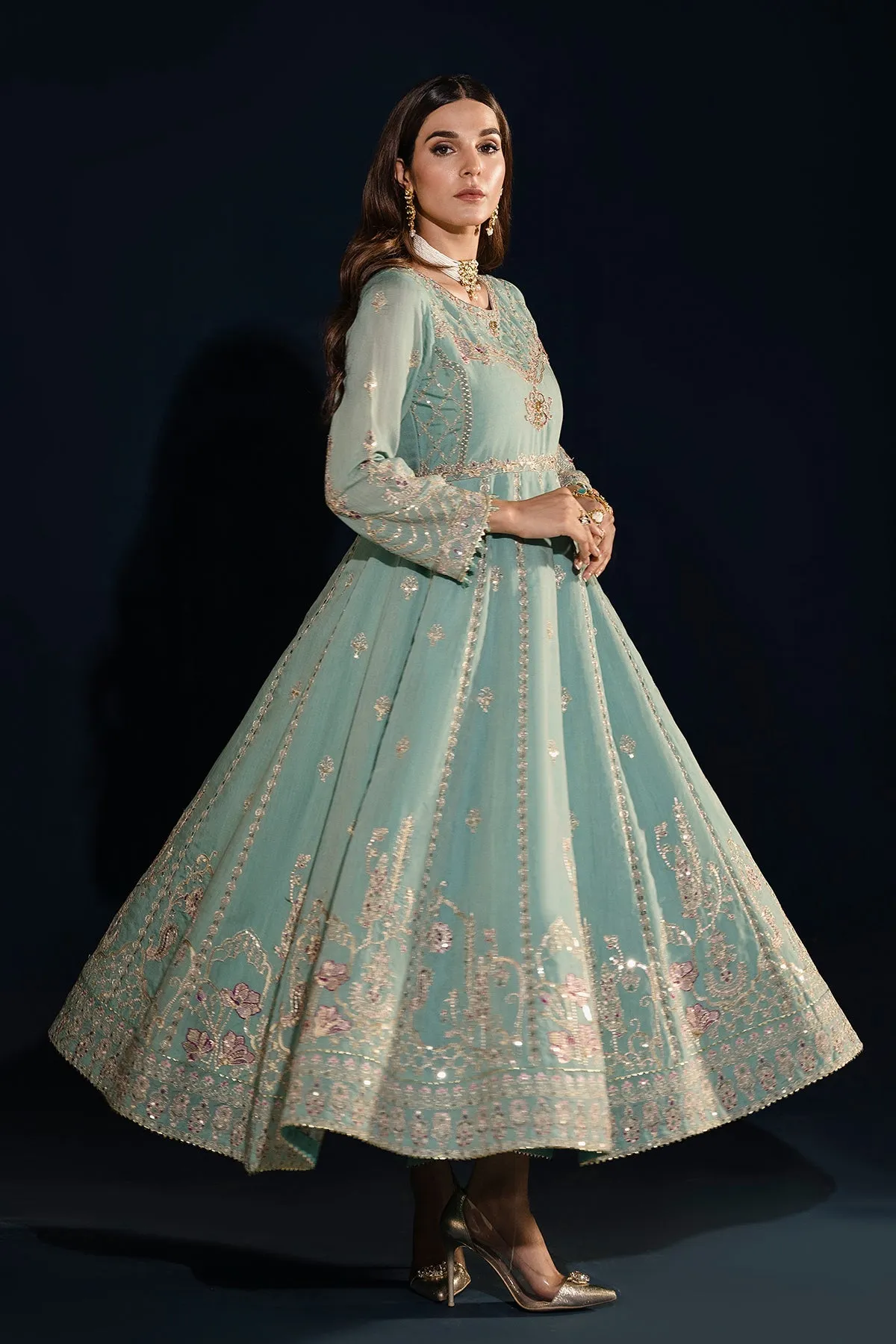 Aqua Blue Heavily Embellished Kalidar Frock Pakistani Party Dress
