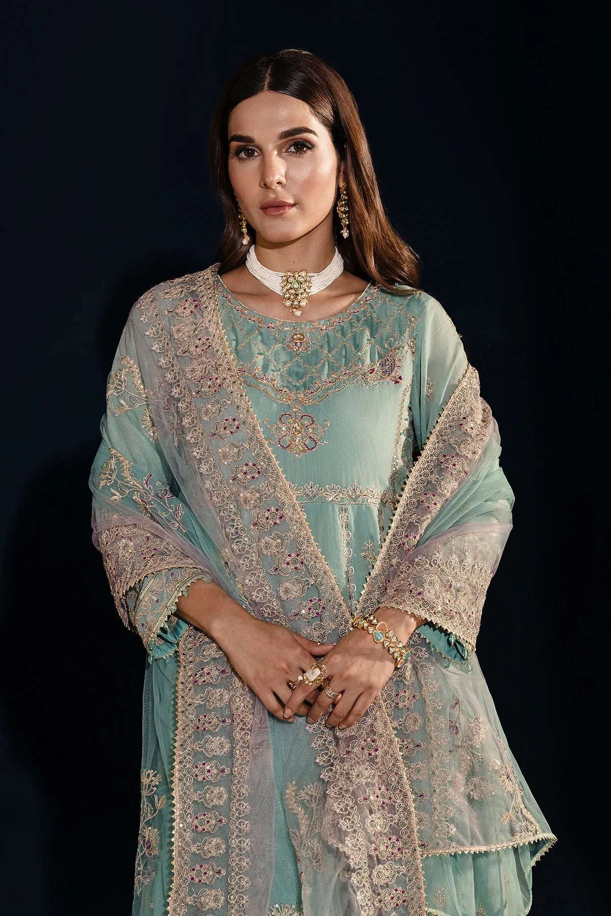 Aqua Blue Heavily Embellished Kalidar Frock Pakistani Party Dress
