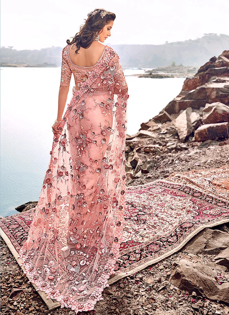 Baby Pink Floral Embroidered Party Wear Saree