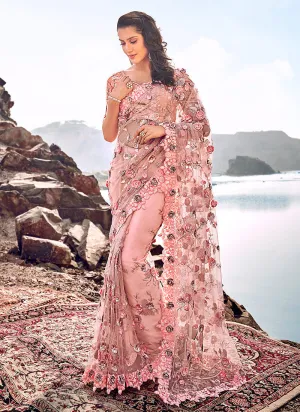 Baby Pink Floral Embroidered Party Wear Saree