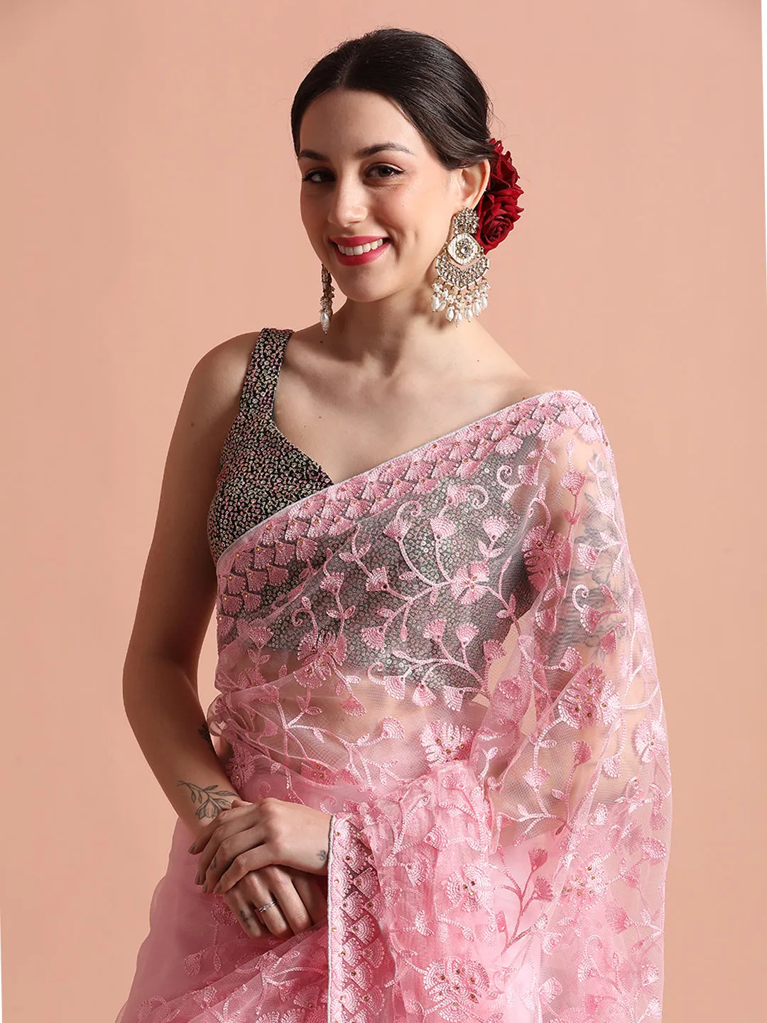 Baby Pink Party Wear Floral Embroidered Net Saree