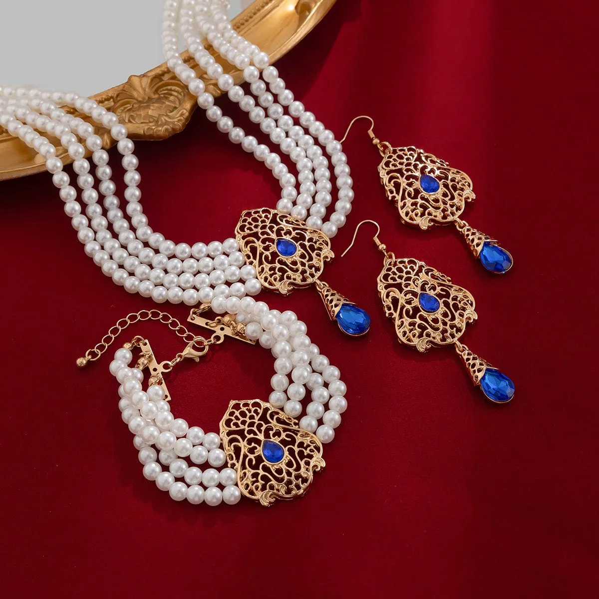 Baroque Layered Gold Plated Rhinestone Inlaid Pearl Chain Necklace Bracelet Earrings Set