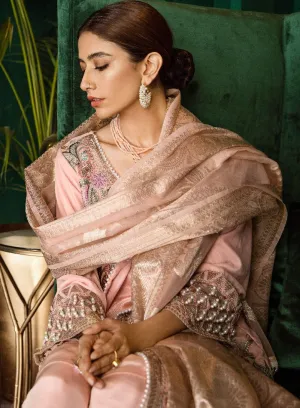 Beautiful Pakistani embroidered velvet party outfit in soft peach color # P2459
