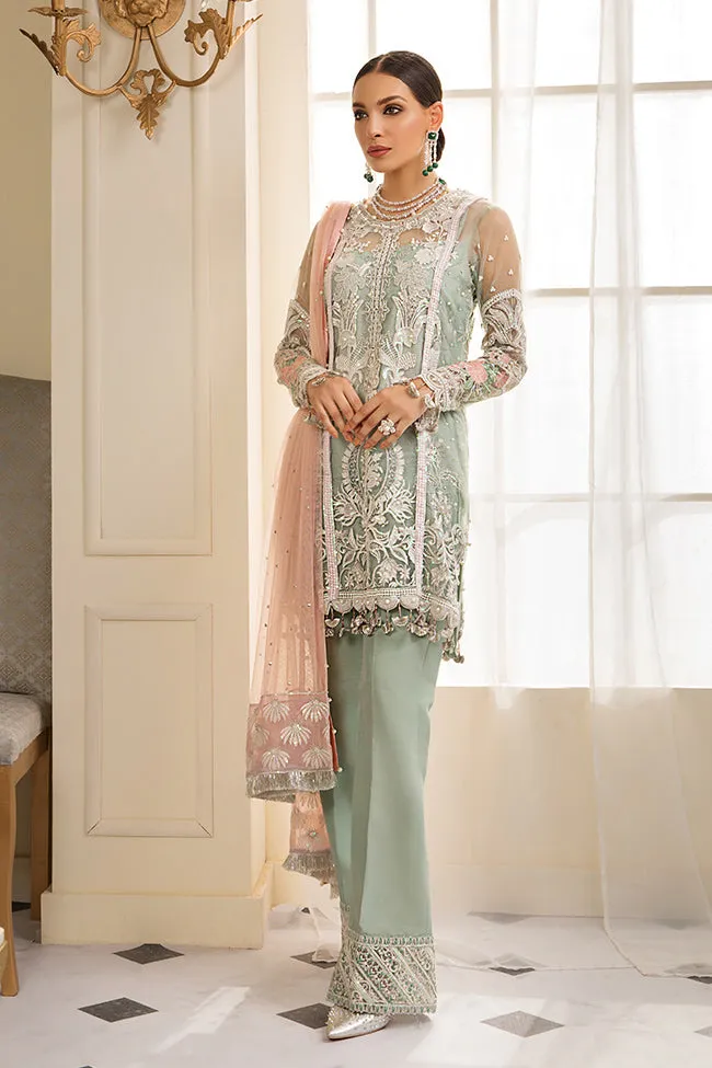 Beautiful Pakistani sequinned net dress in green color # P2328