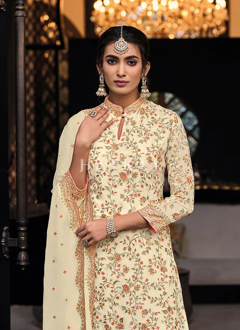 Beige Golden Embroidered Traditional Palazzo Suit