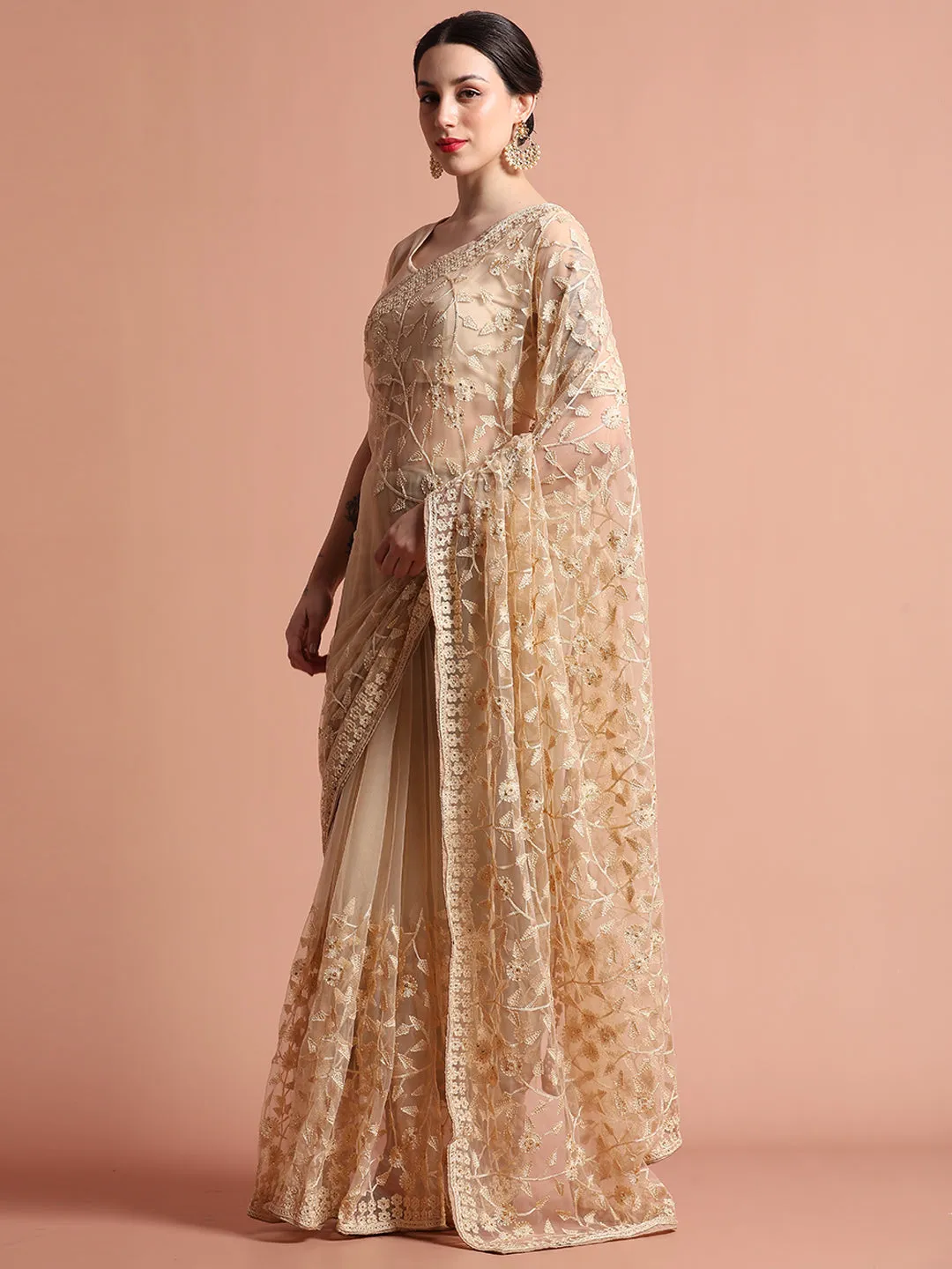 Beige Party Wear Floral Embroidered Net Saree