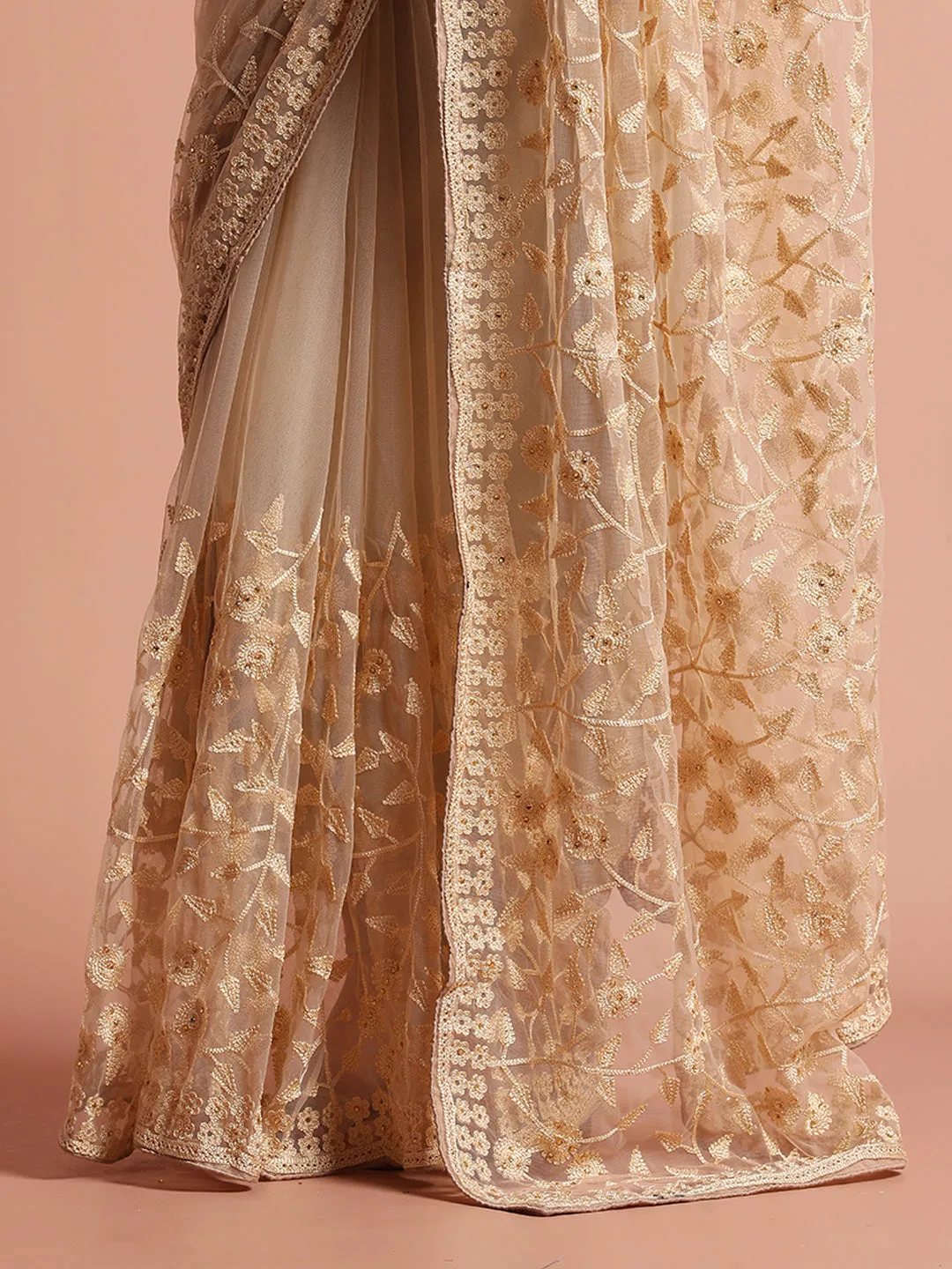 Beige Party Wear Floral Embroidered Net Saree