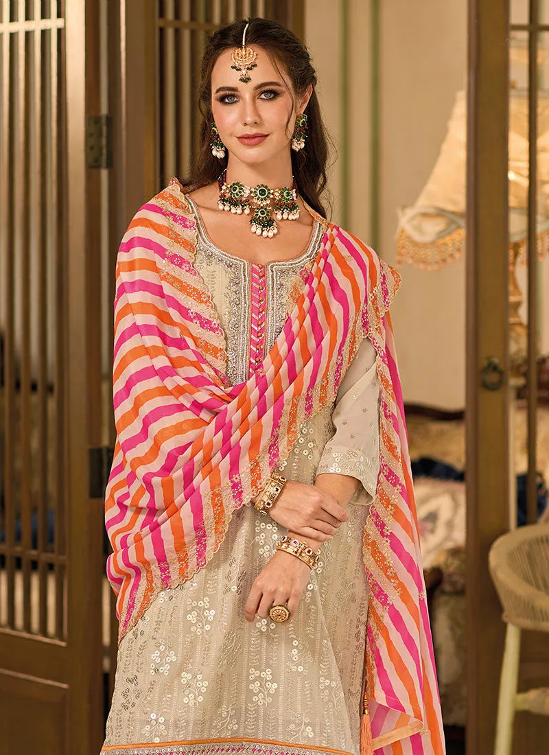 Beige Sequence Embroidery Gharara Suit