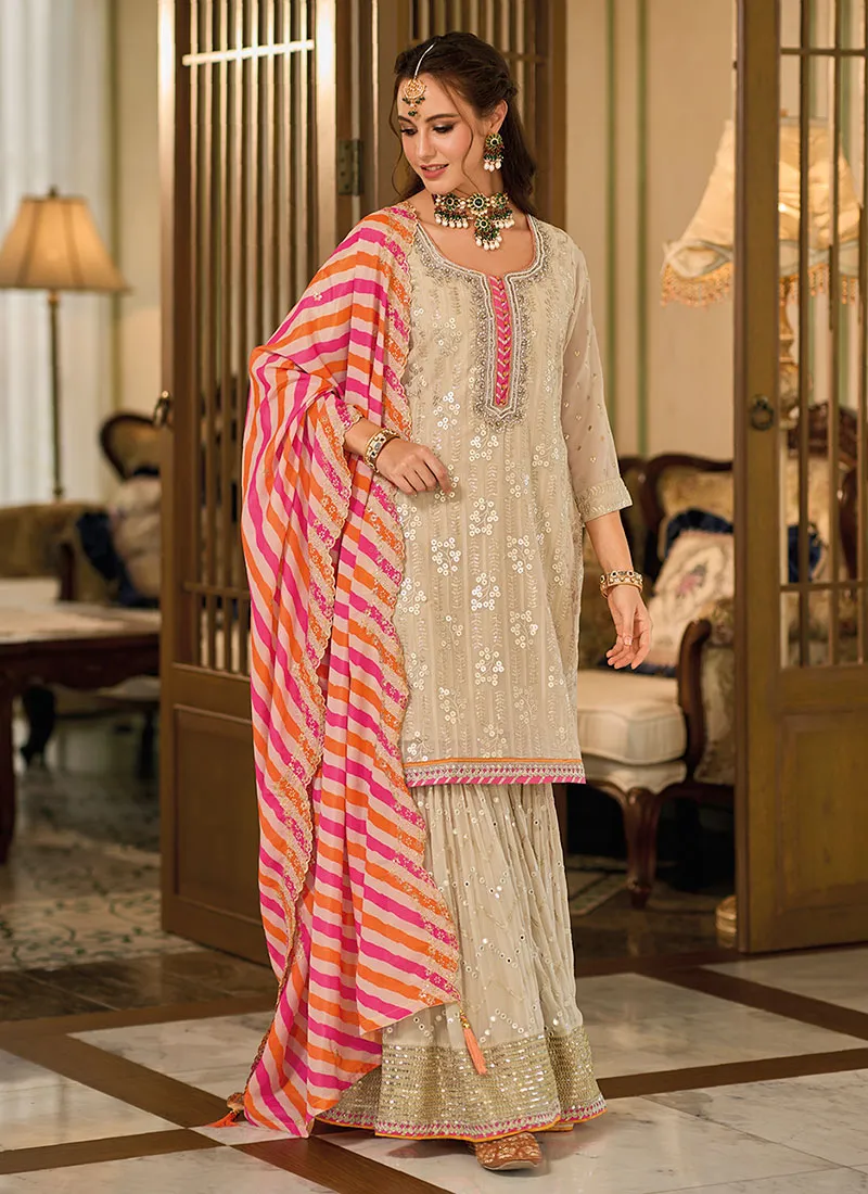 Beige Sequence Embroidery Gharara Suit