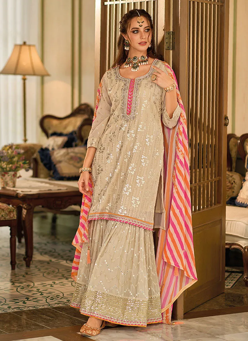 Beige Sequence Embroidery Gharara Suit
