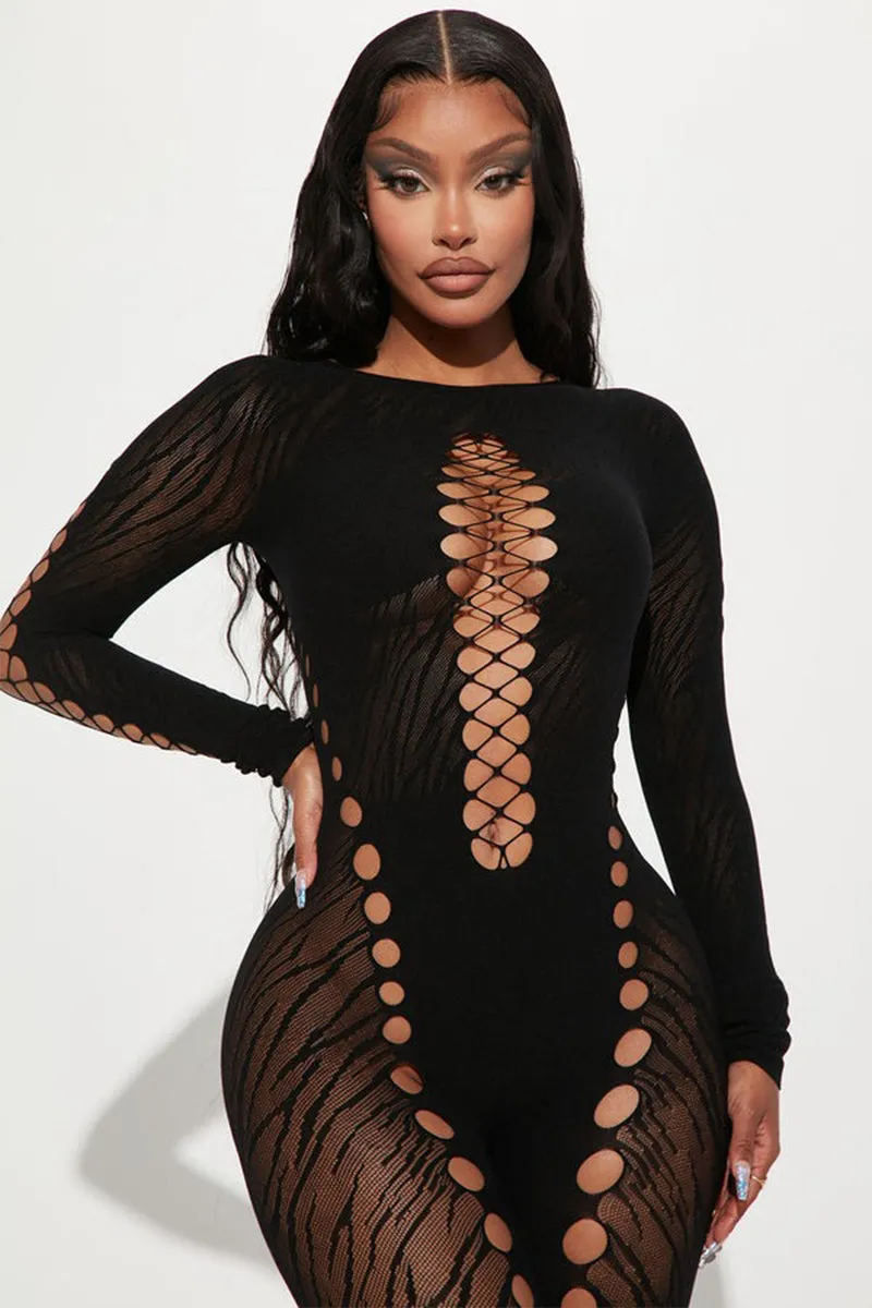 Black Zebra Stripe Round Neck Sheer Hollow Jumpsuit