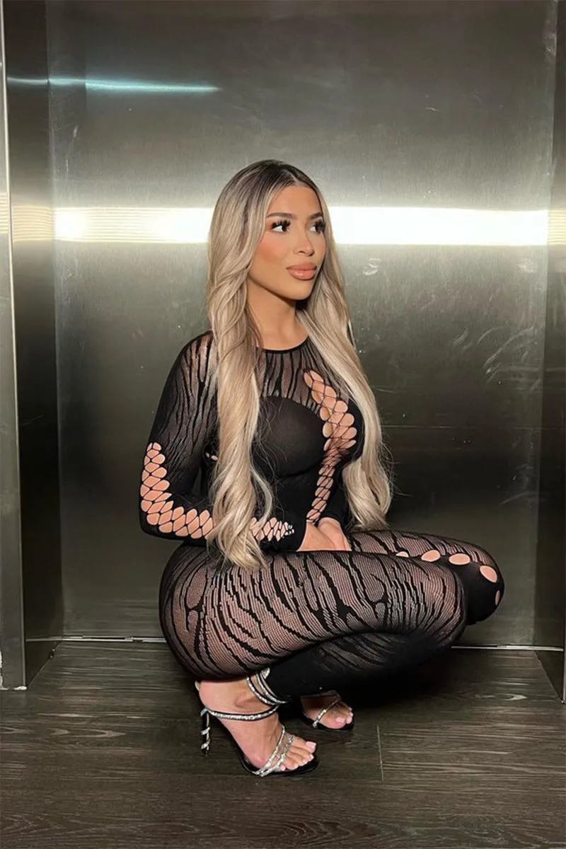Black Zebra Stripe Round Neck Sheer Hollow Jumpsuit