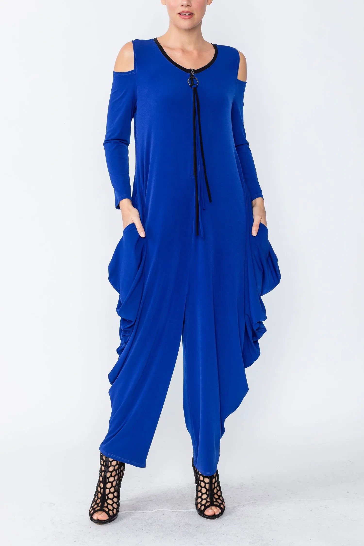 Blue Cold Shoulder Sleeve Jumpsuits