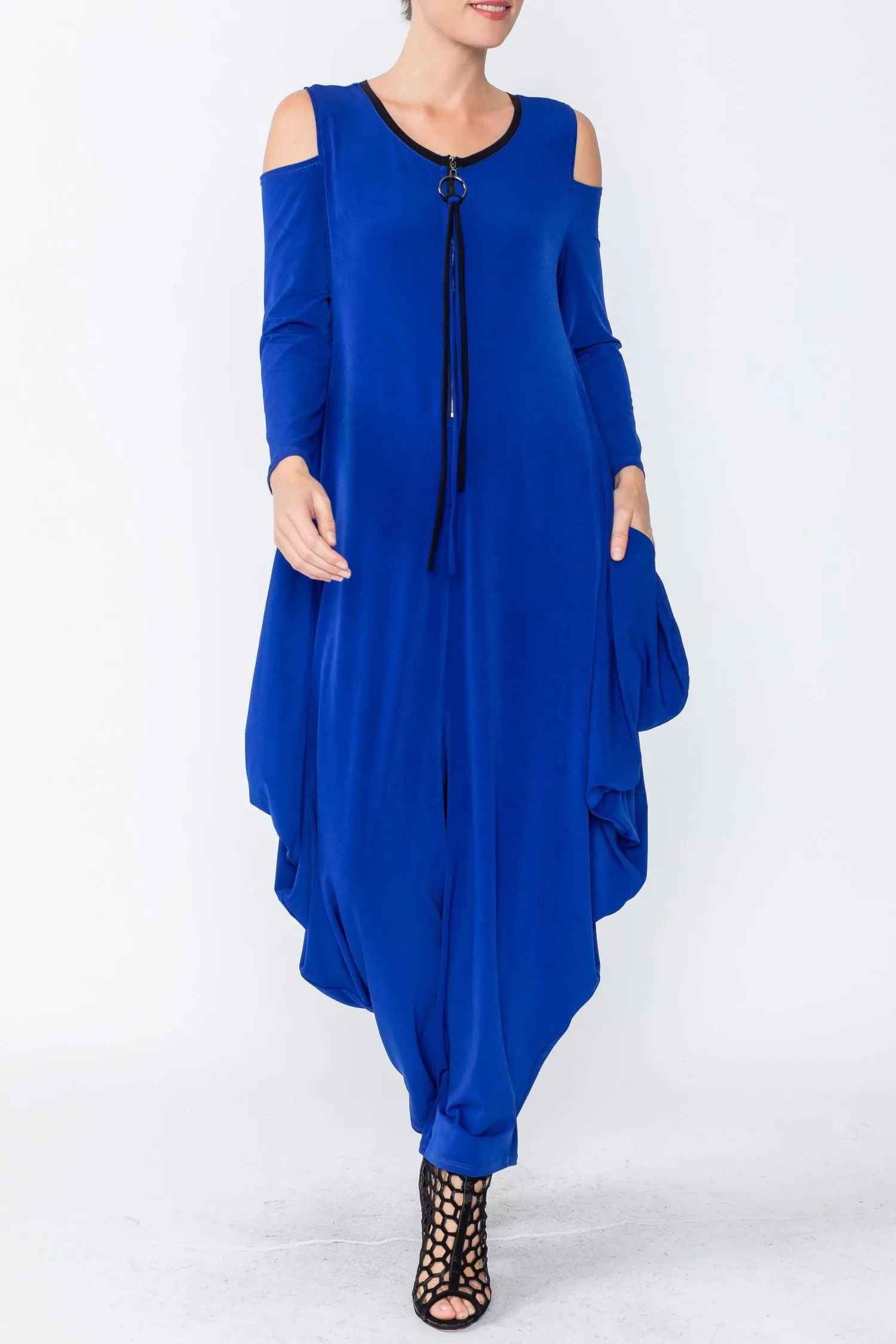 Blue Cold Shoulder Sleeve Jumpsuits