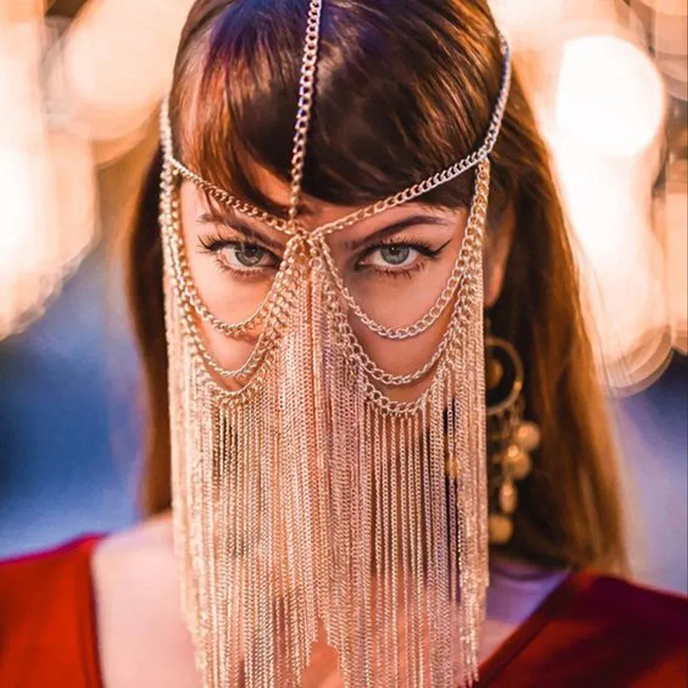 Boho Tassel Metal Mask Handmade Masquerade Face Chain Jewelry