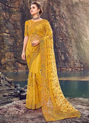 Bright Yellow Embroidered Party Wear Saree