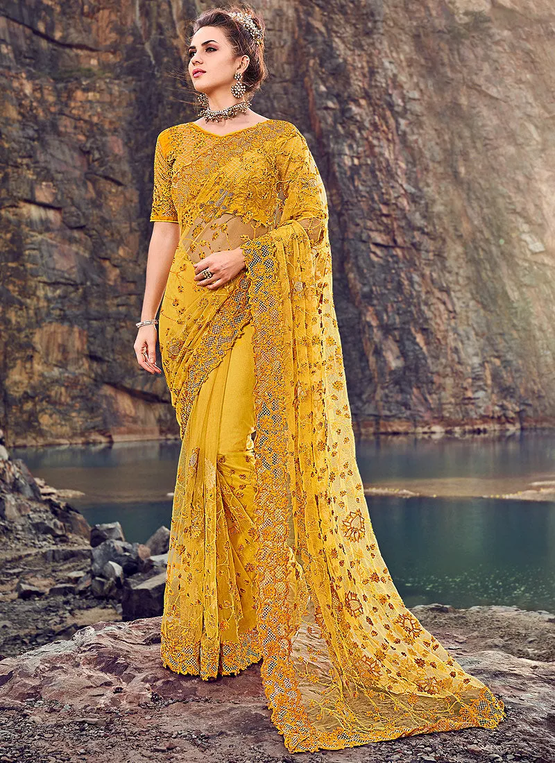 Bright Yellow Embroidered Party Wear Saree