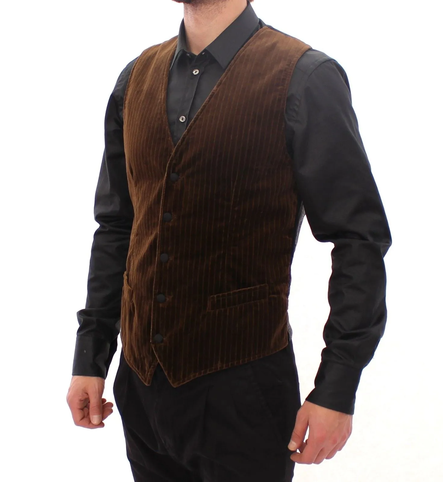 Brown Velvet Single Breasted Vest Gilet