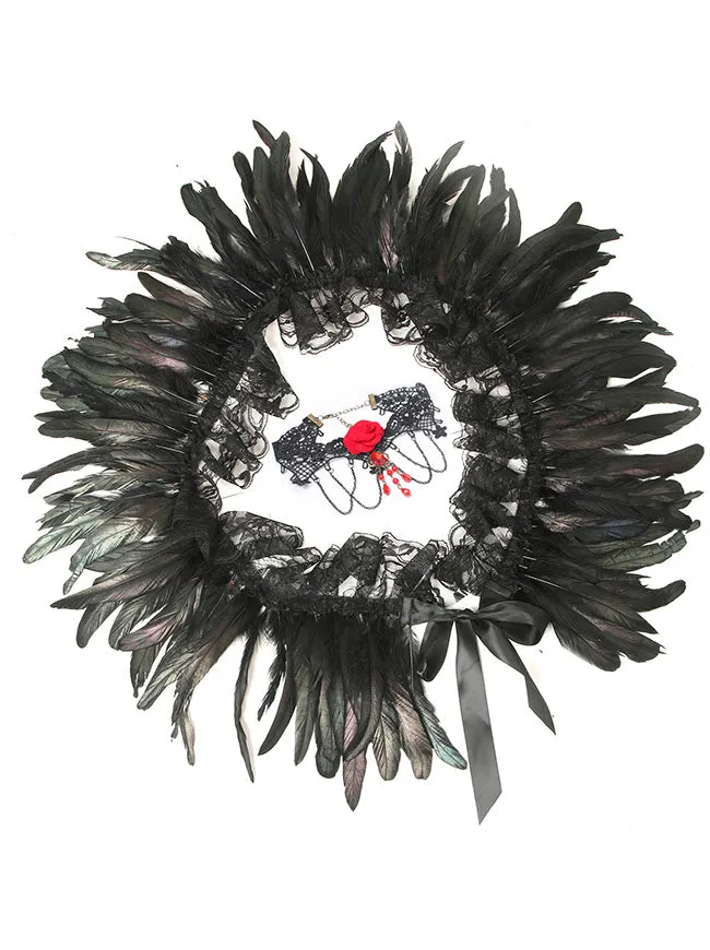 Charmian Gothic Feathers Shawl Halloween Cape Shrug Accessories with Lace Necklace