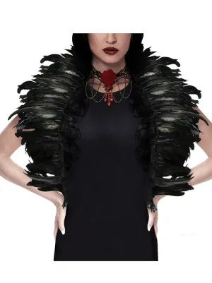 Charmian Gothic Feathers Shawl Halloween Cape Shrug Accessories with Lace Necklace