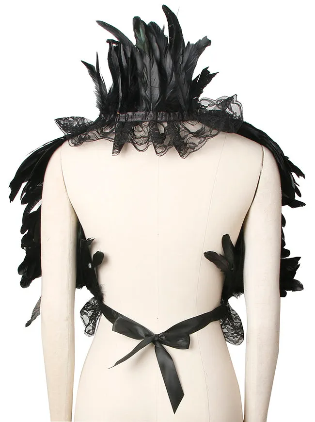 Charmian Gothic Feathers Shawl Halloween Cape Shrug Accessories with Lace Necklace