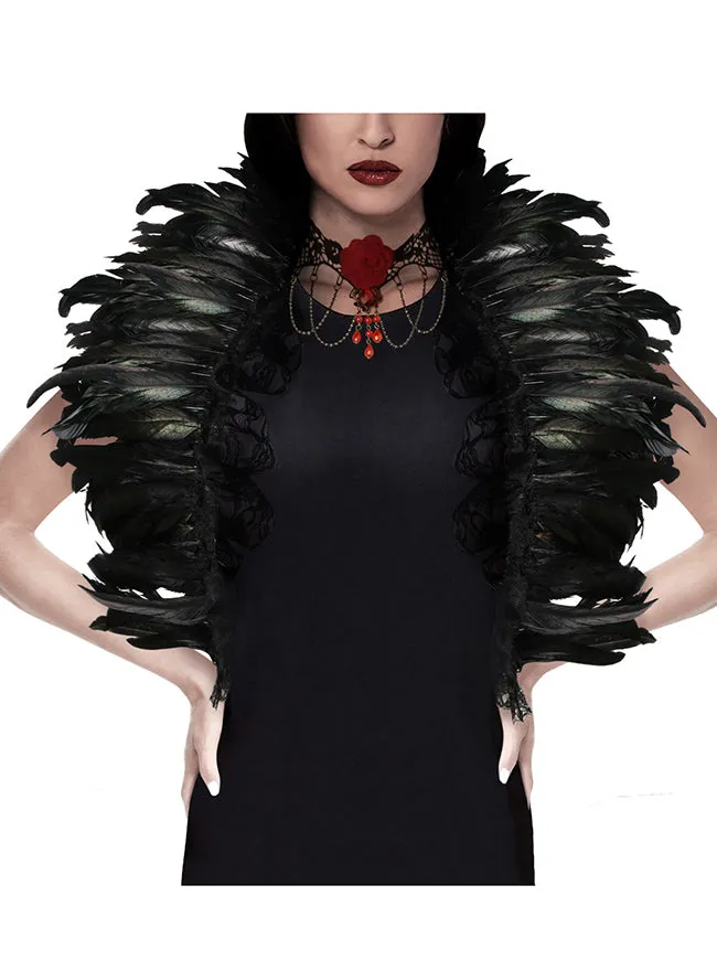 Charmian Gothic Feathers Shawl Halloween Cape Shrug Accessories with Lace Necklace