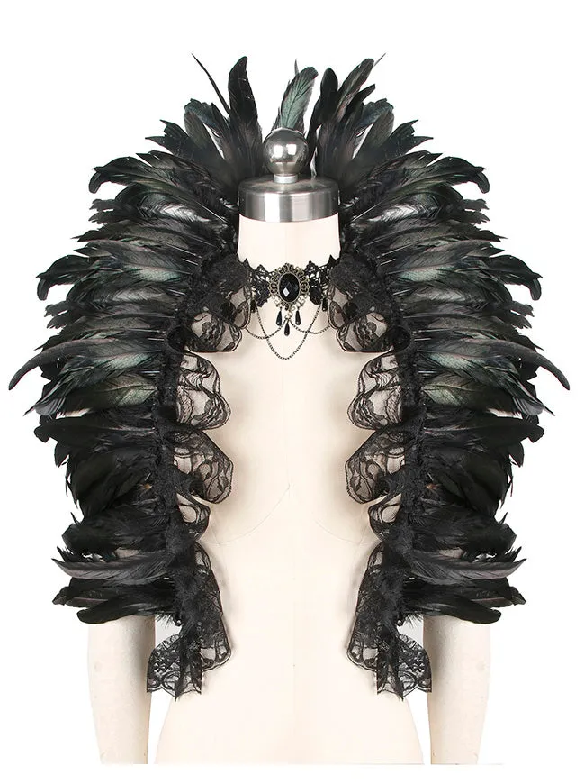 Charmian Gothic Feathers Shawl Halloween Cape Shrug Accessories with Lace Necklace