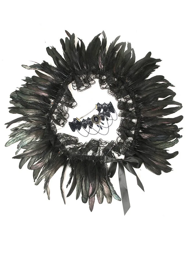 Charmian Gothic Feathers Shawl Halloween Cape Shrug Accessories with Lace Necklace