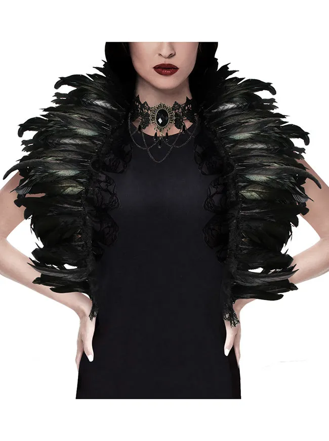 Charmian Gothic Feathers Shawl Halloween Cape Shrug Accessories with Lace Necklace