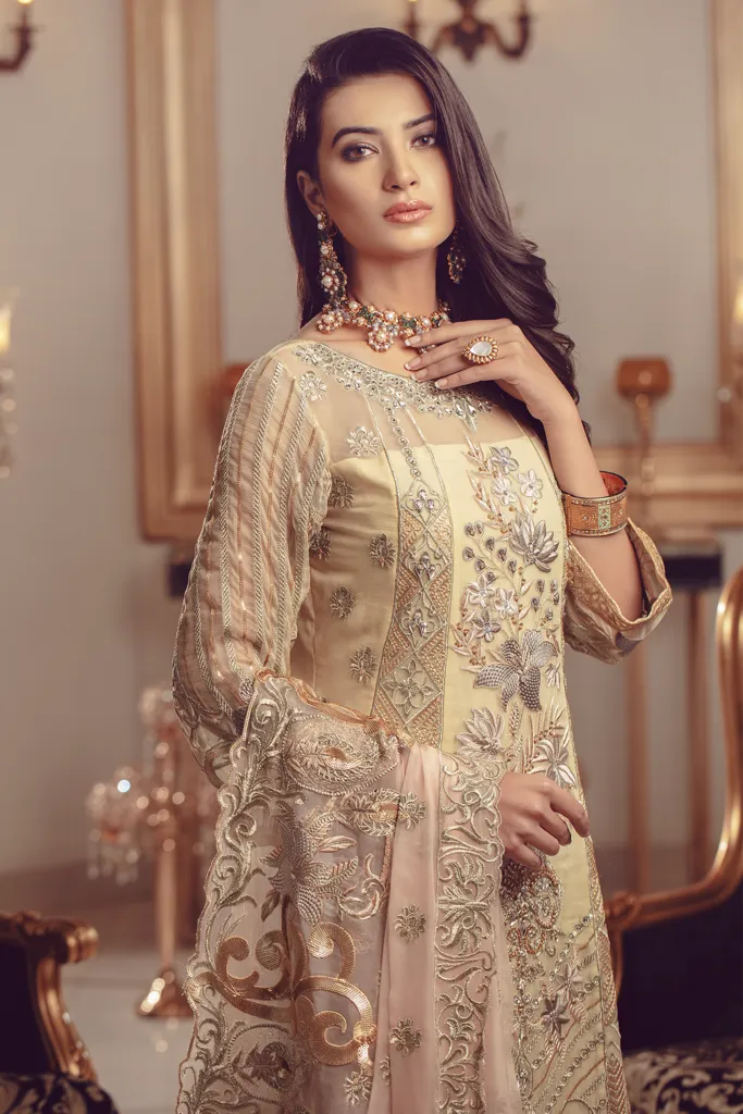 Chiffon embroidered Pakistani eid shalwar kameez in lime color # P2490
