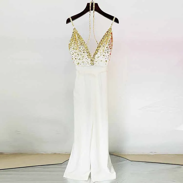 Classy Charm Gold Sequin Sleeveless Jumpsuit Spaghetti Strap One Piece White Romper