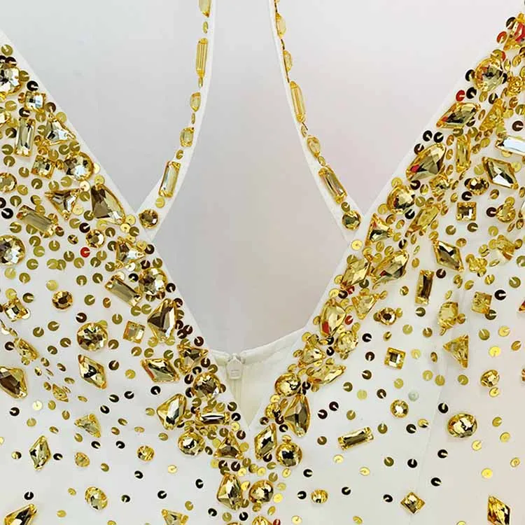 Classy Charm Gold Sequin Sleeveless Jumpsuit Spaghetti Strap One Piece White Romper