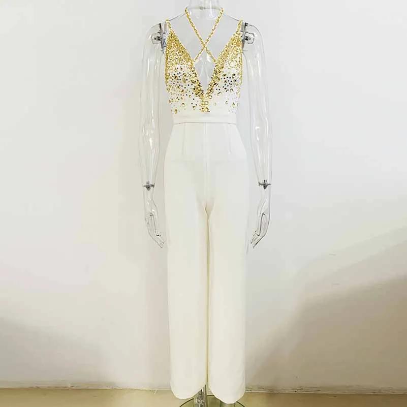 Classy Charm Gold Sequin Sleeveless Jumpsuit Spaghetti Strap One Piece White Romper