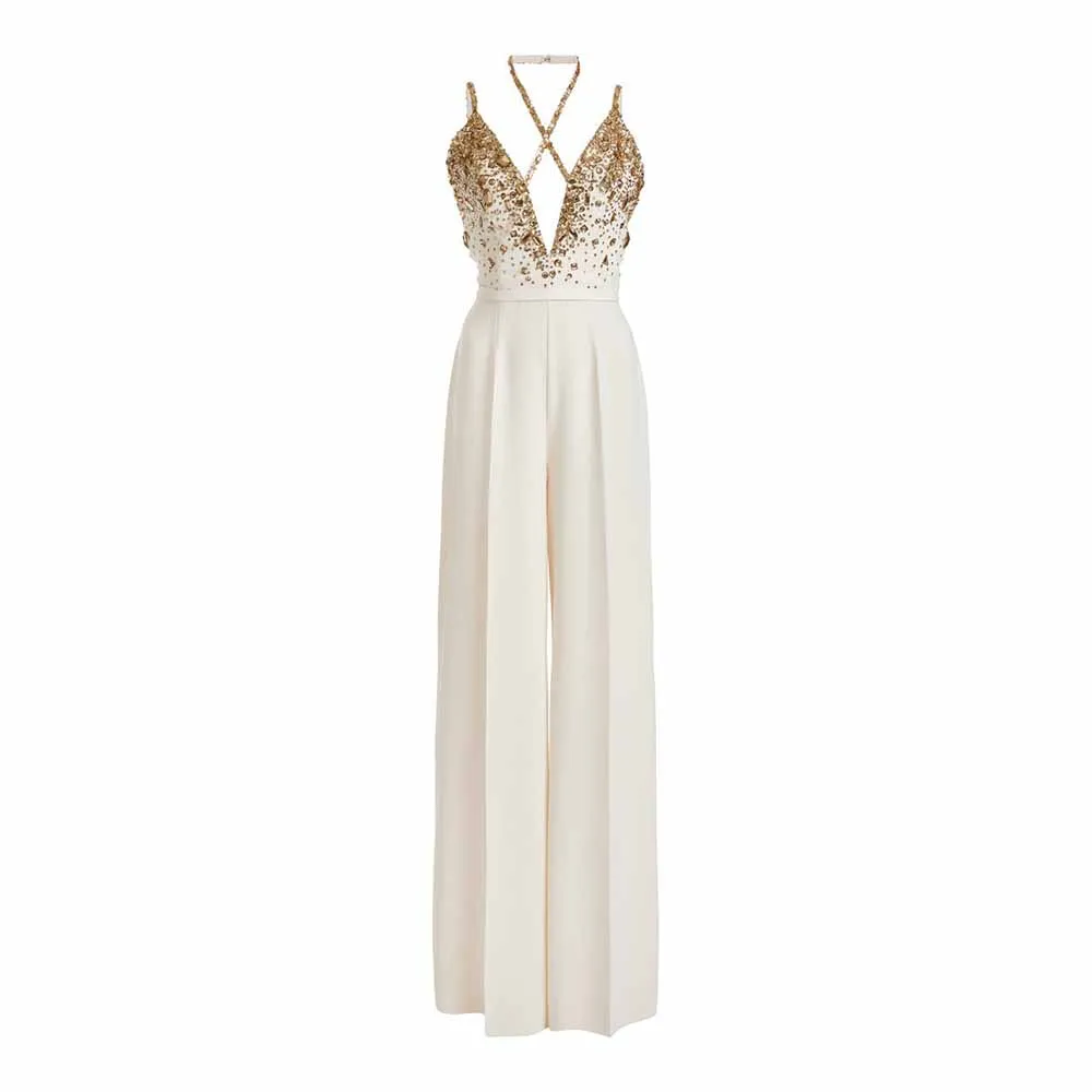 Classy Charm Gold Sequin Sleeveless Jumpsuit Spaghetti Strap One Piece White Romper
