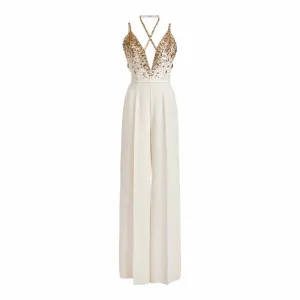 Classy Charm Gold Sequin Sleeveless Jumpsuit Spaghetti Strap One Piece White Romper