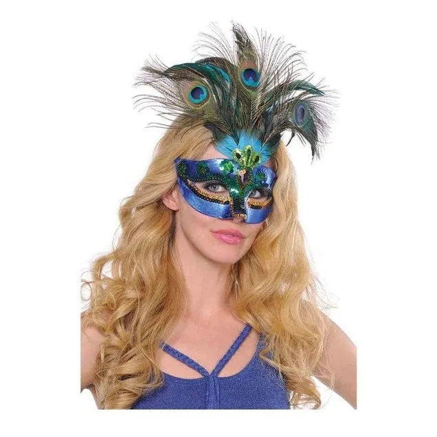 Deluxe Blue Peacock Feather Masquerade Mask