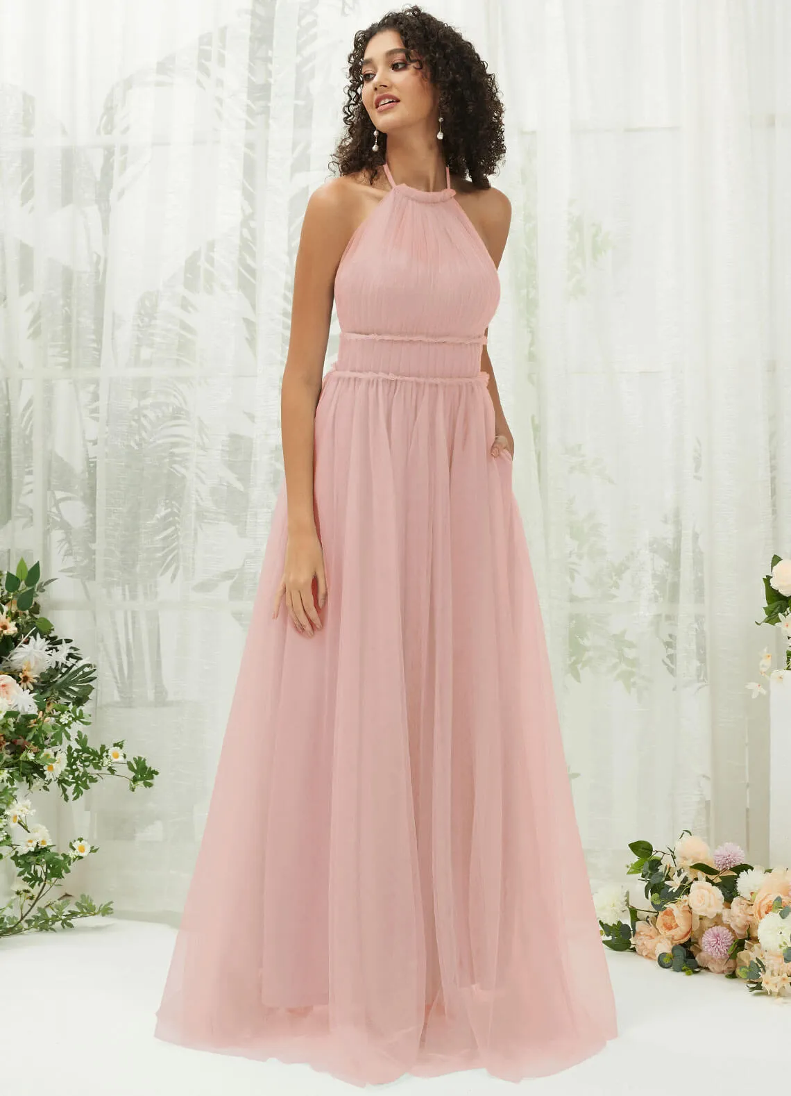 Dusty Pink Tulle Halter Neck Floor Length Bridesmaid Dress With Pocket