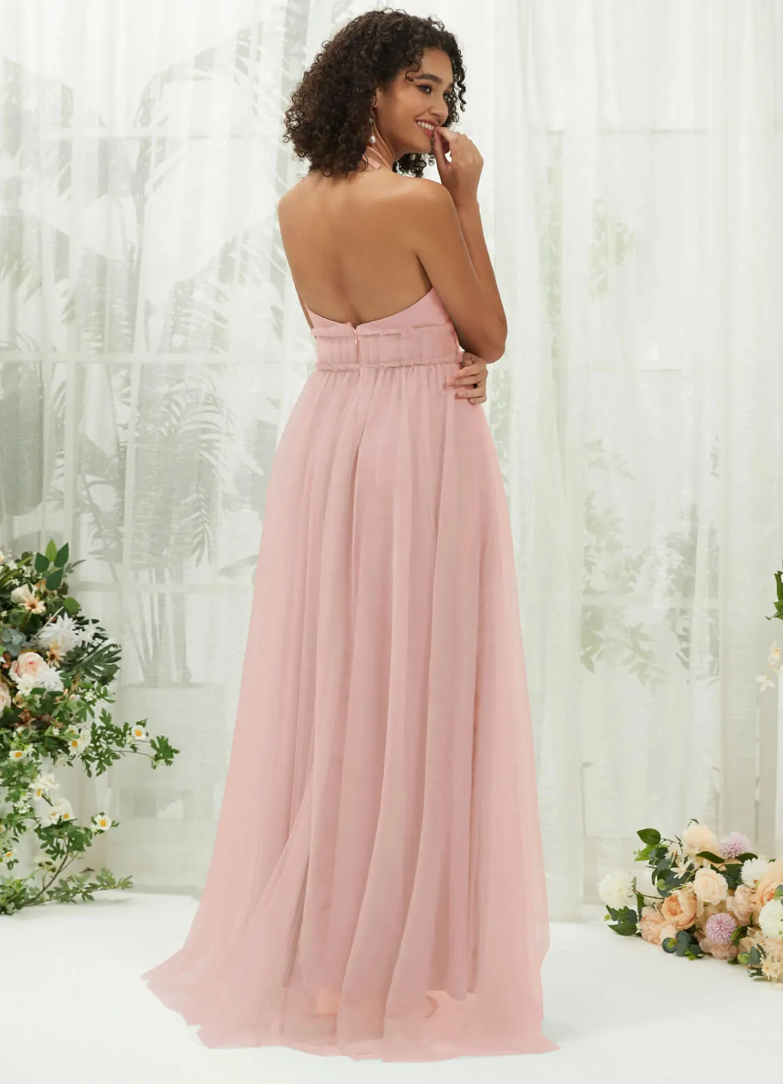 Dusty Pink Tulle Halter Neck Floor Length Bridesmaid Dress With Pocket