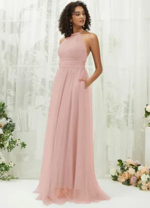 Dusty Pink Tulle Halter Neck Floor Length Bridesmaid Dress With Pocket