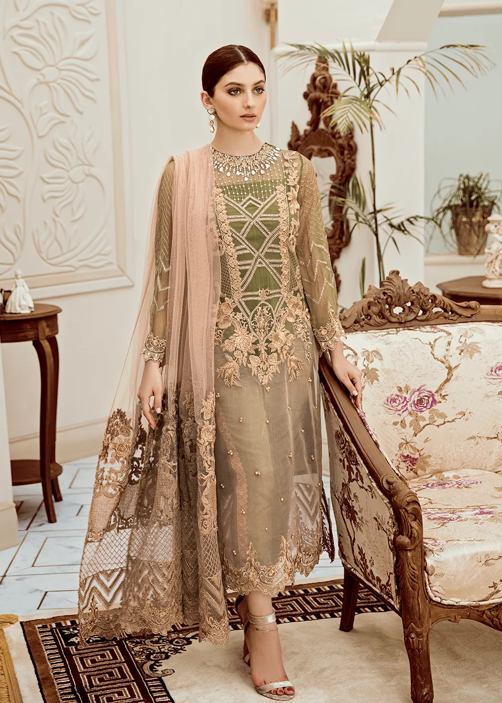 Embroidered fancy chiffon dress in lavish mehndi green color # P2282