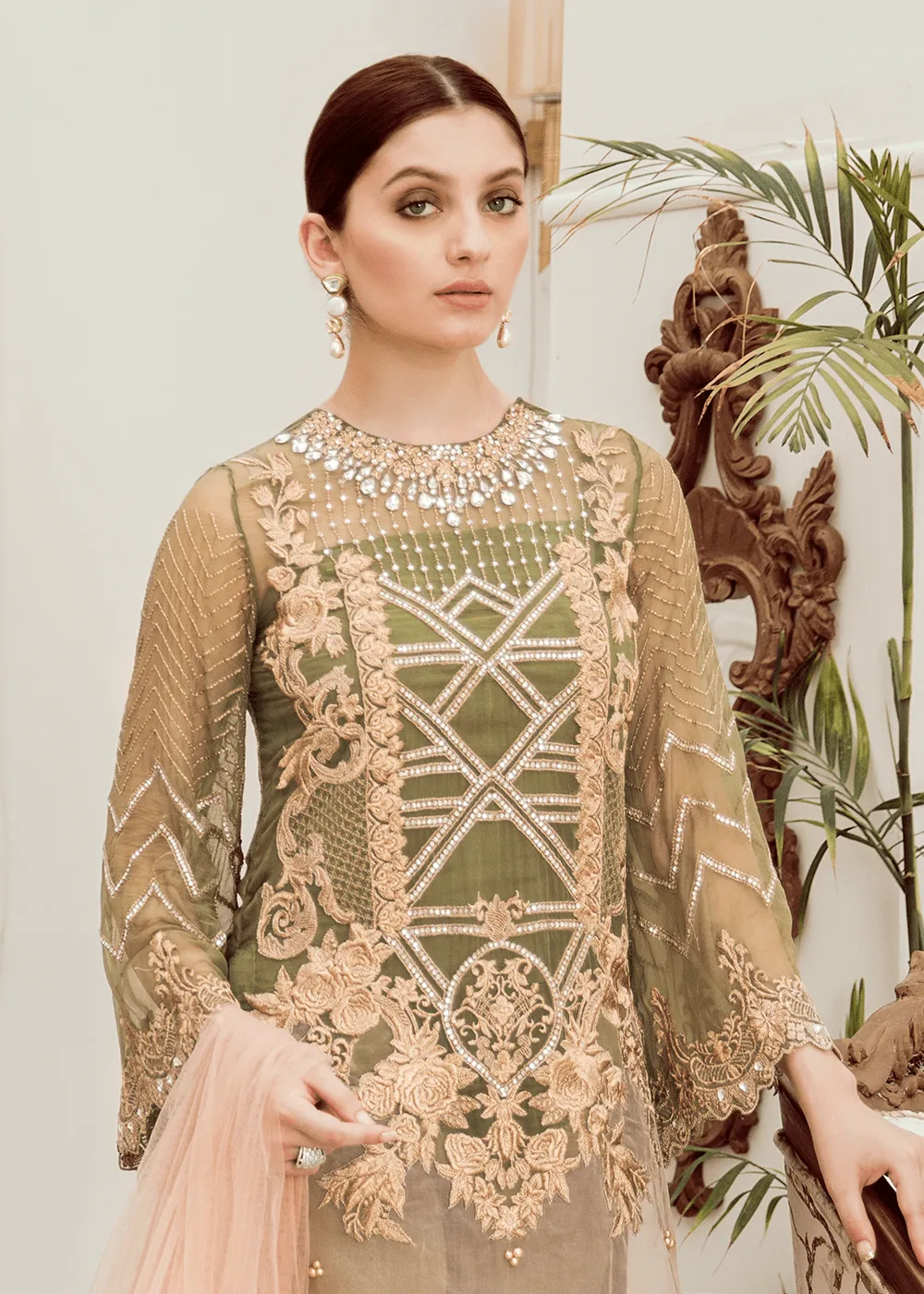 Embroidered fancy chiffon dress in lavish mehndi green color # P2282