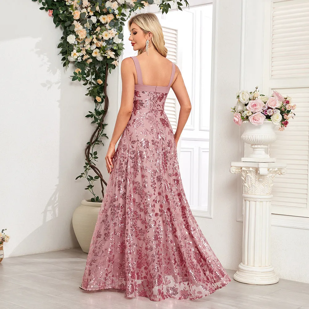 Fairytale Pink Sequin Party Dress | Floral Sparkly Maxi Dress | A line floral sequin tulle dress | Sequin Gown