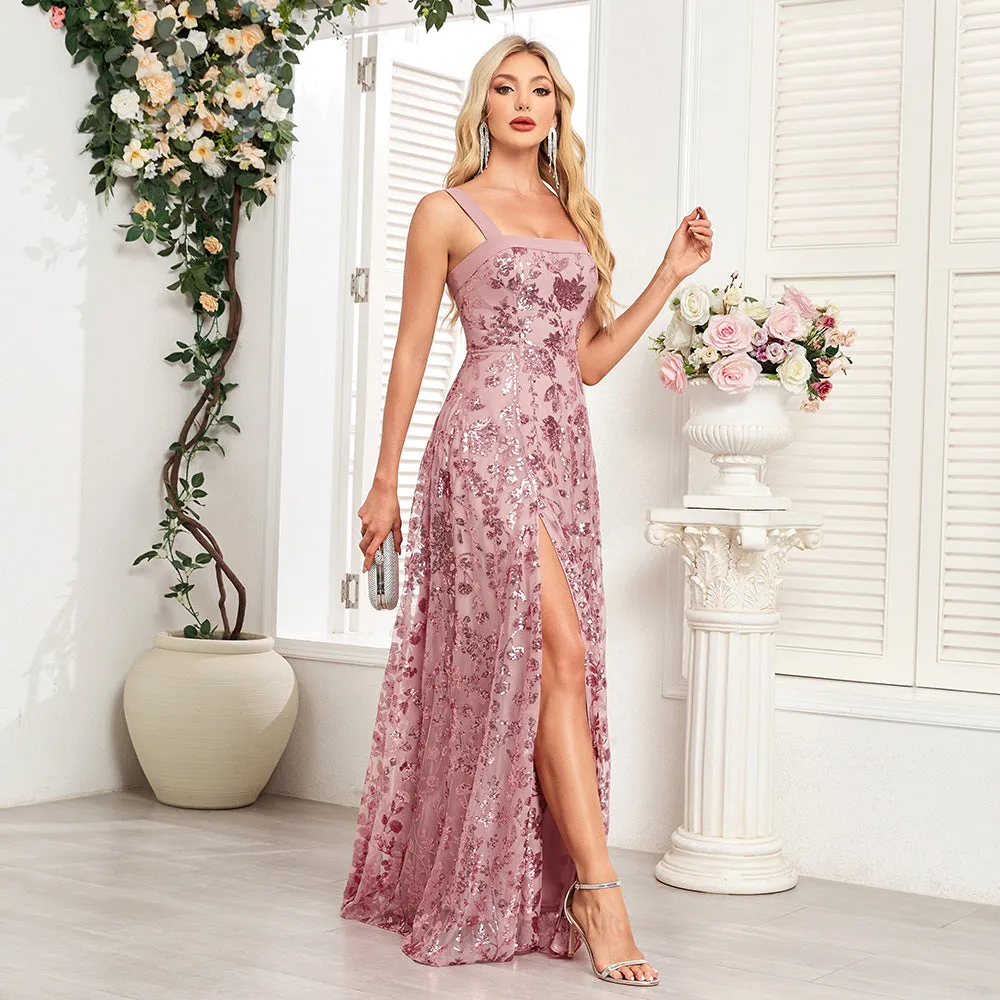 Fairytale Pink Sequin Party Dress | Floral Sparkly Maxi Dress | A line floral sequin tulle dress | Sequin Gown