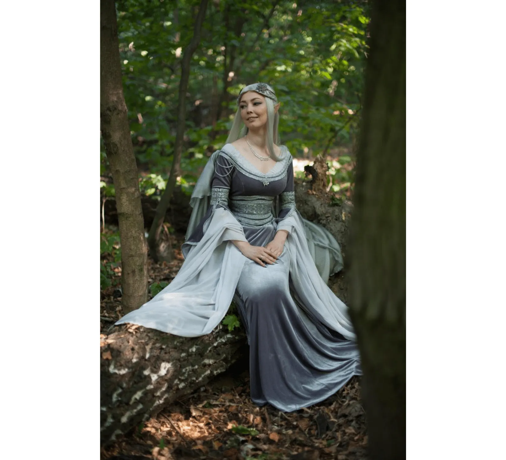 Fantasy elven silver gray Arwen wedding velvet dress